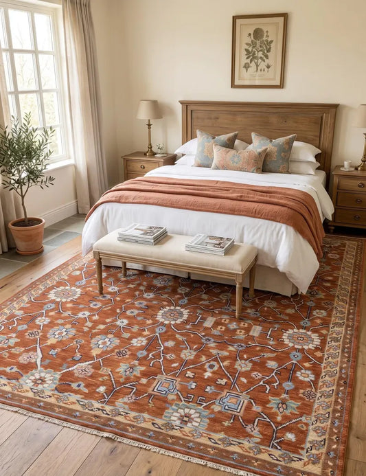 Terracotta & Sky Blue Floral Oushak Rug