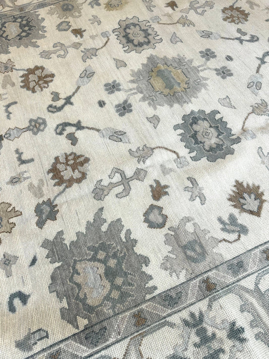 Vintage Neutral Grey & Blue Floral Oushak Rug