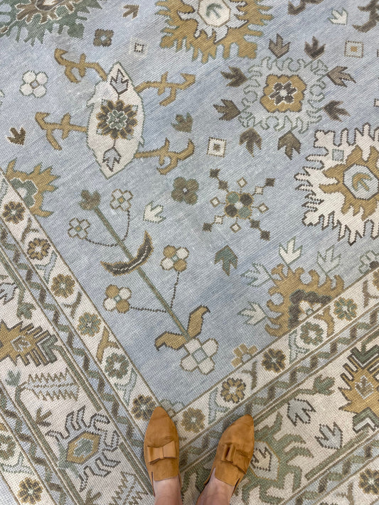 Sky Blue & Gold Floral Oushak Rug