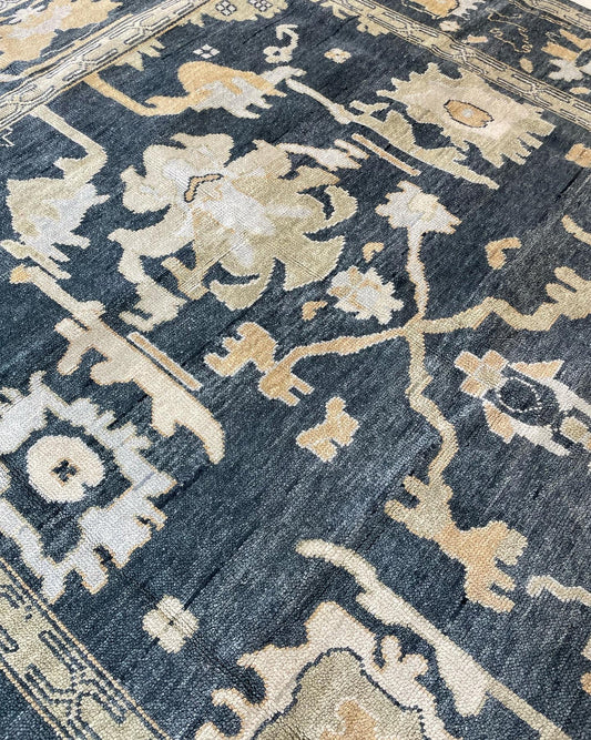 Navy Charcoal & Gold Floral Oushak Rug