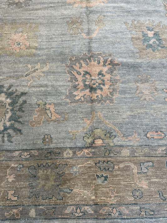 Muted Blue & Blush Peach Oushak Rug