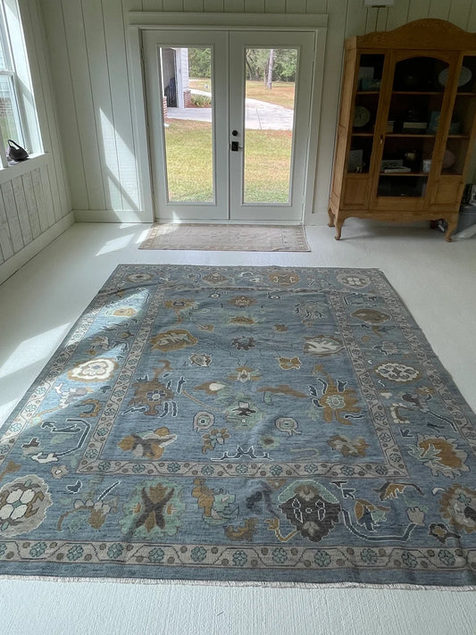 Classic Slate Blue & Gold Oushak Area Rug
