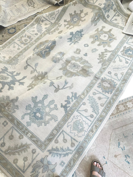 Muted Cream & Soft Blue Floral Oushak Rug
