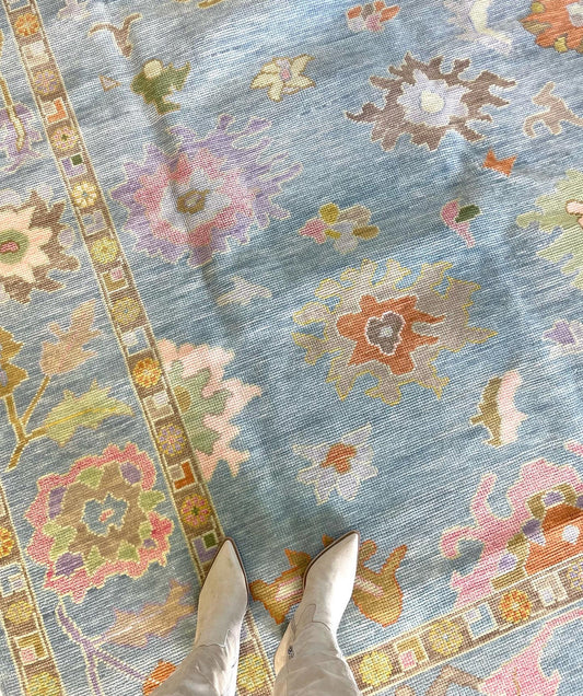 Vintage Style Soft Blue Floral Oushak Runner