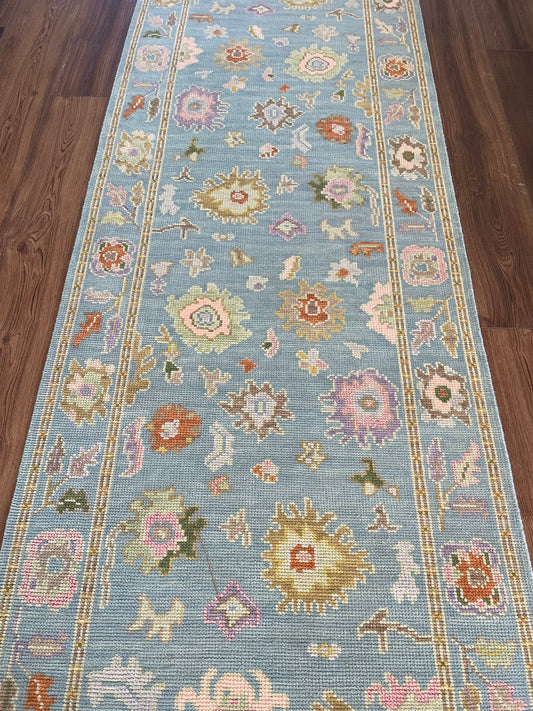 Vintage Style Soft Blue Floral Oushak Runner