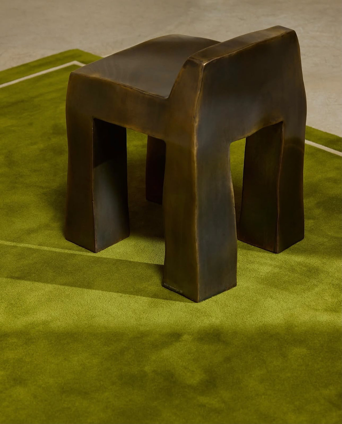 Lime green modern geometric hand tufted rug with minimalist border in contemporary interior