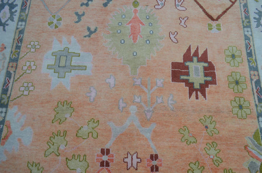 Soft Peach & Mint Green Border Oushak Rug