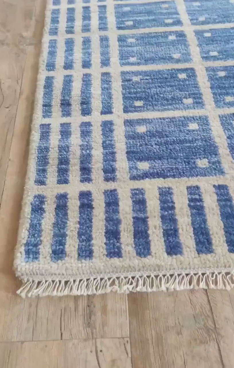 Navy Blue & Ivory Geometric Grid Area Rug