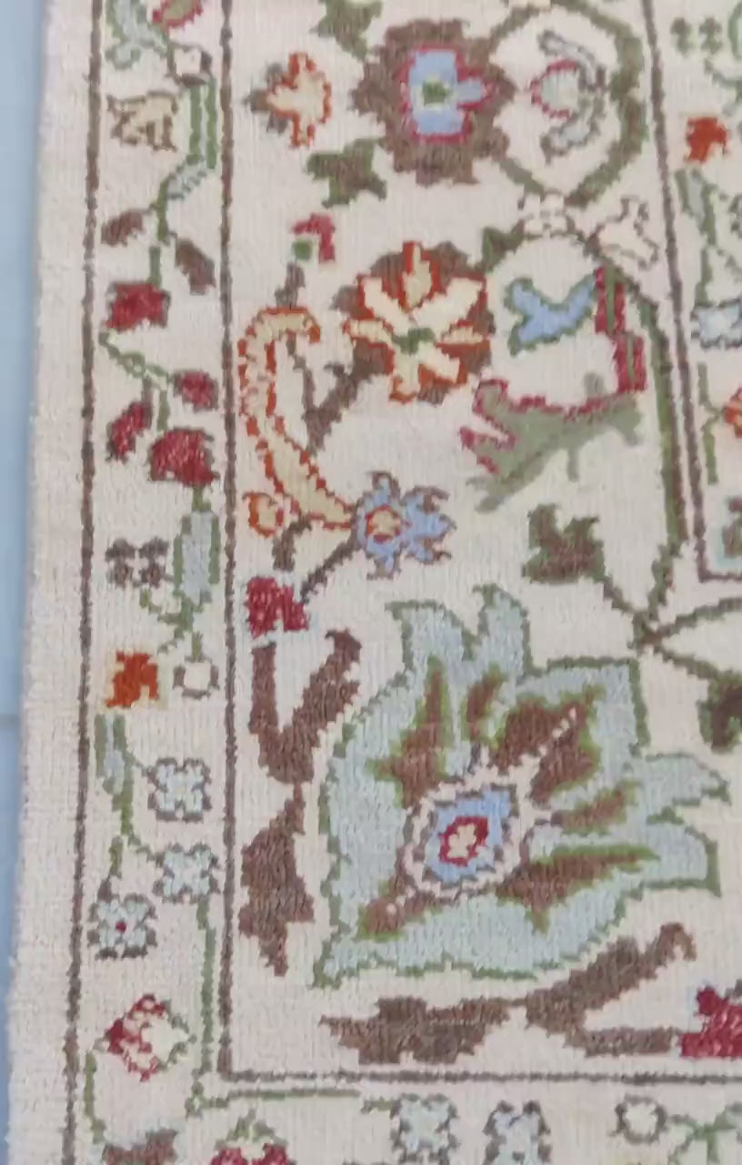 Ivory & Multi-Color Floral Bordered Oushak Rug