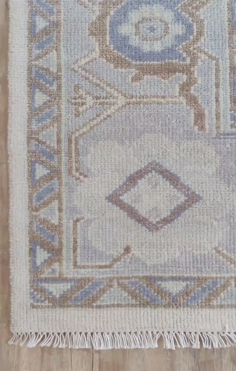Muted Cream & Slate Blue Floral Wool Area Rug