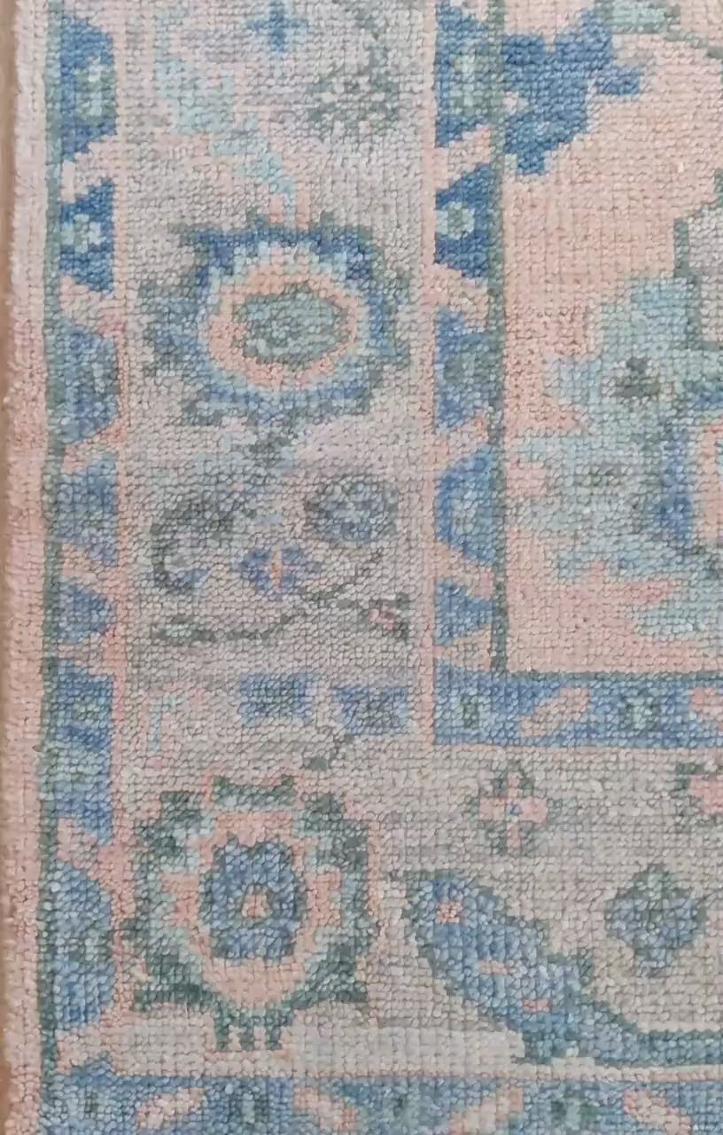 Peach & Blue Floral Bordered Oushak Rug