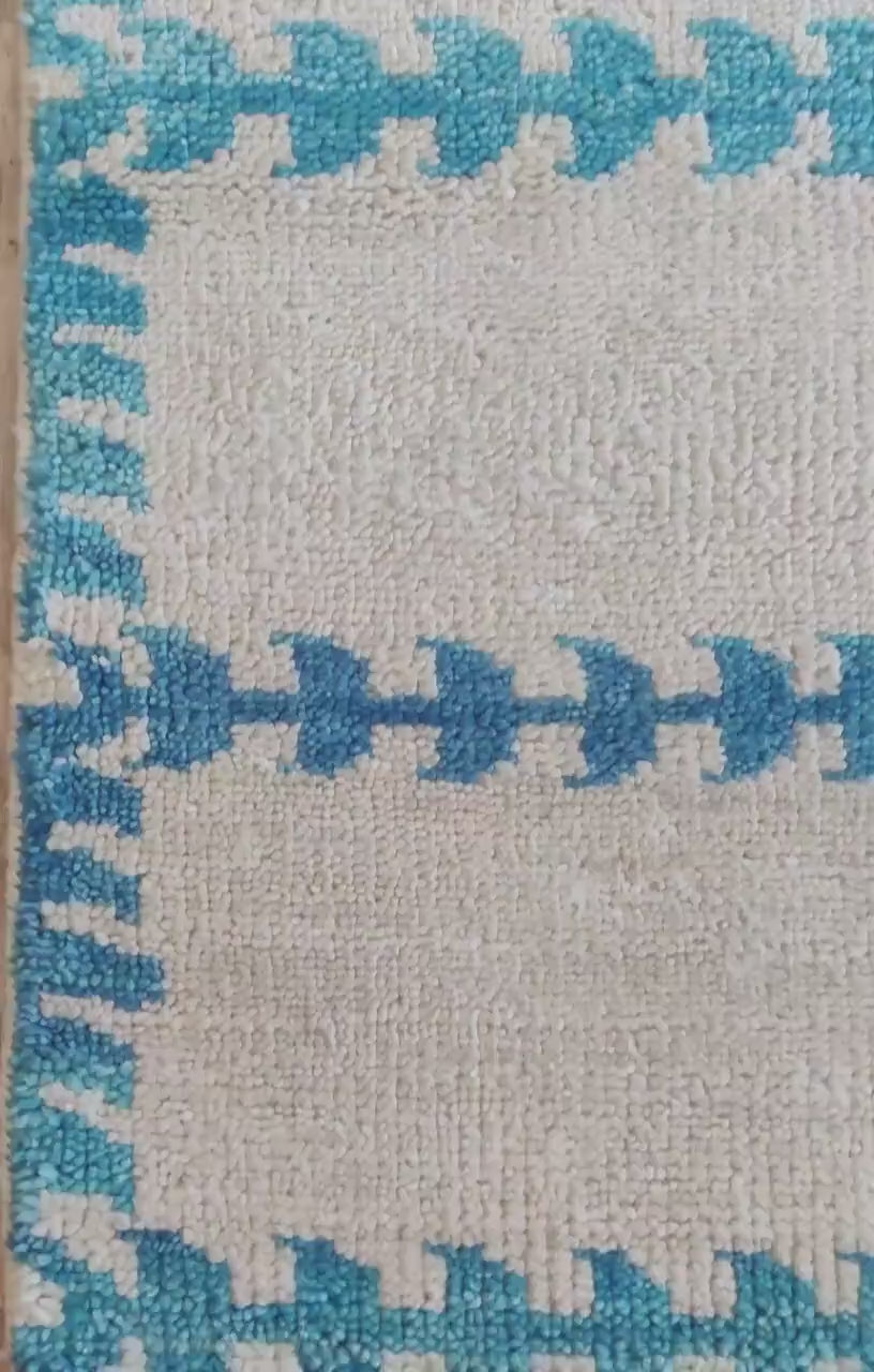 Ivory & Aqua Blue Plaid Geometric Grid Rug