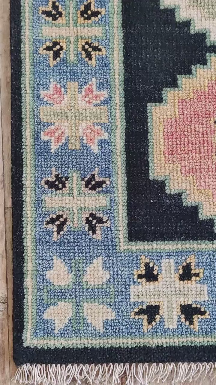 Dark Navy Blue & Pastel Tribal Oushak Stair Runner