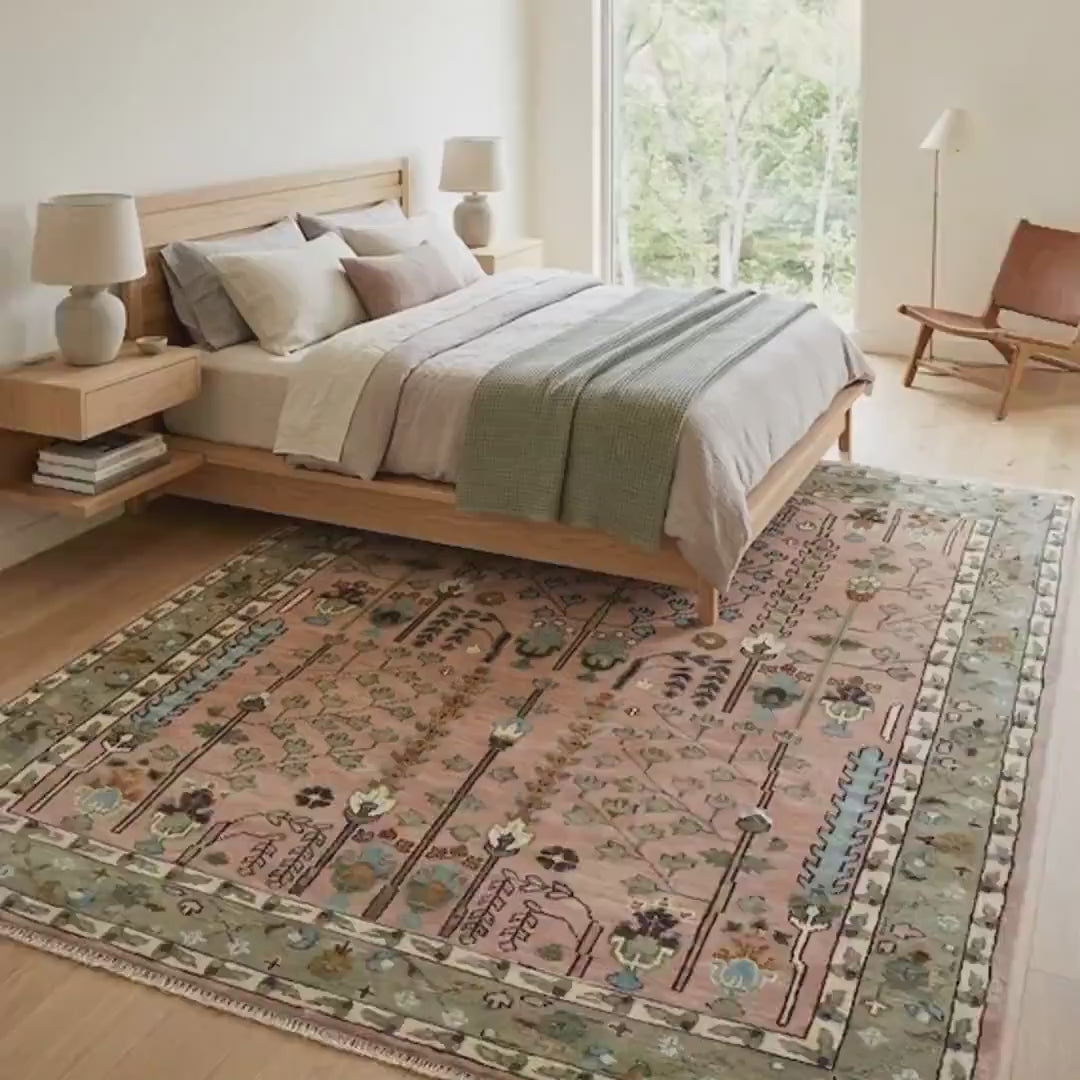 Blush Pink & Olive Green Botanical Tree Oushak Rug