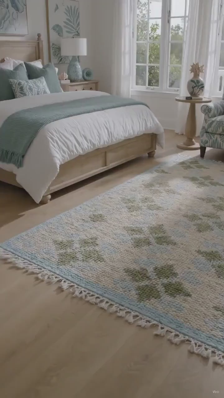 Cream & Sage Green Floral Geometric Area Rug