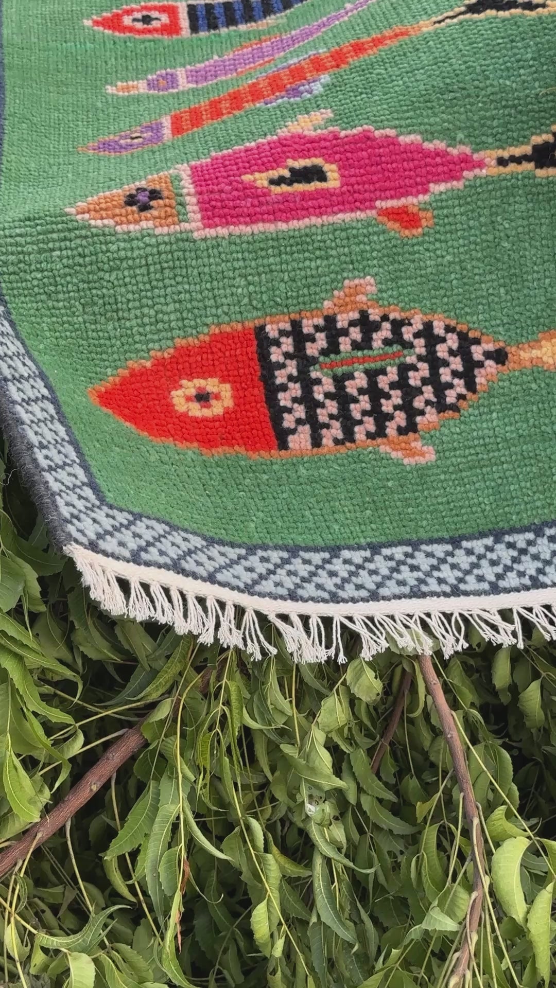Emerald Aquatic Fish Motif Hand-Knotted Wool Runner