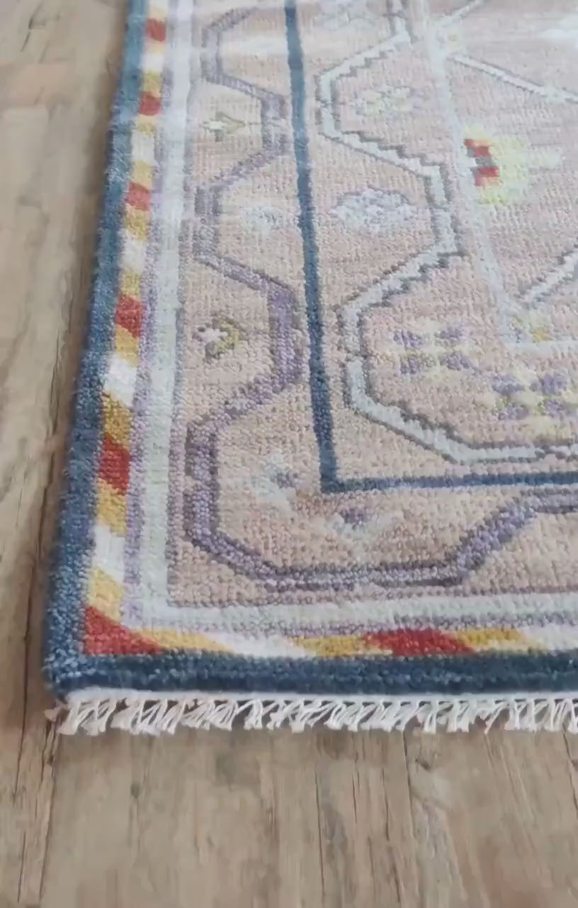 Blush Pink & Olive Green Botanical Tree Oushak Rug