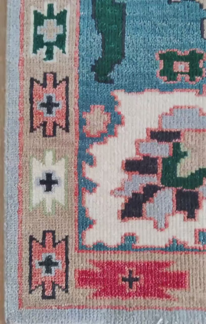 Light Blue & Teal Bordered Oushak Rug