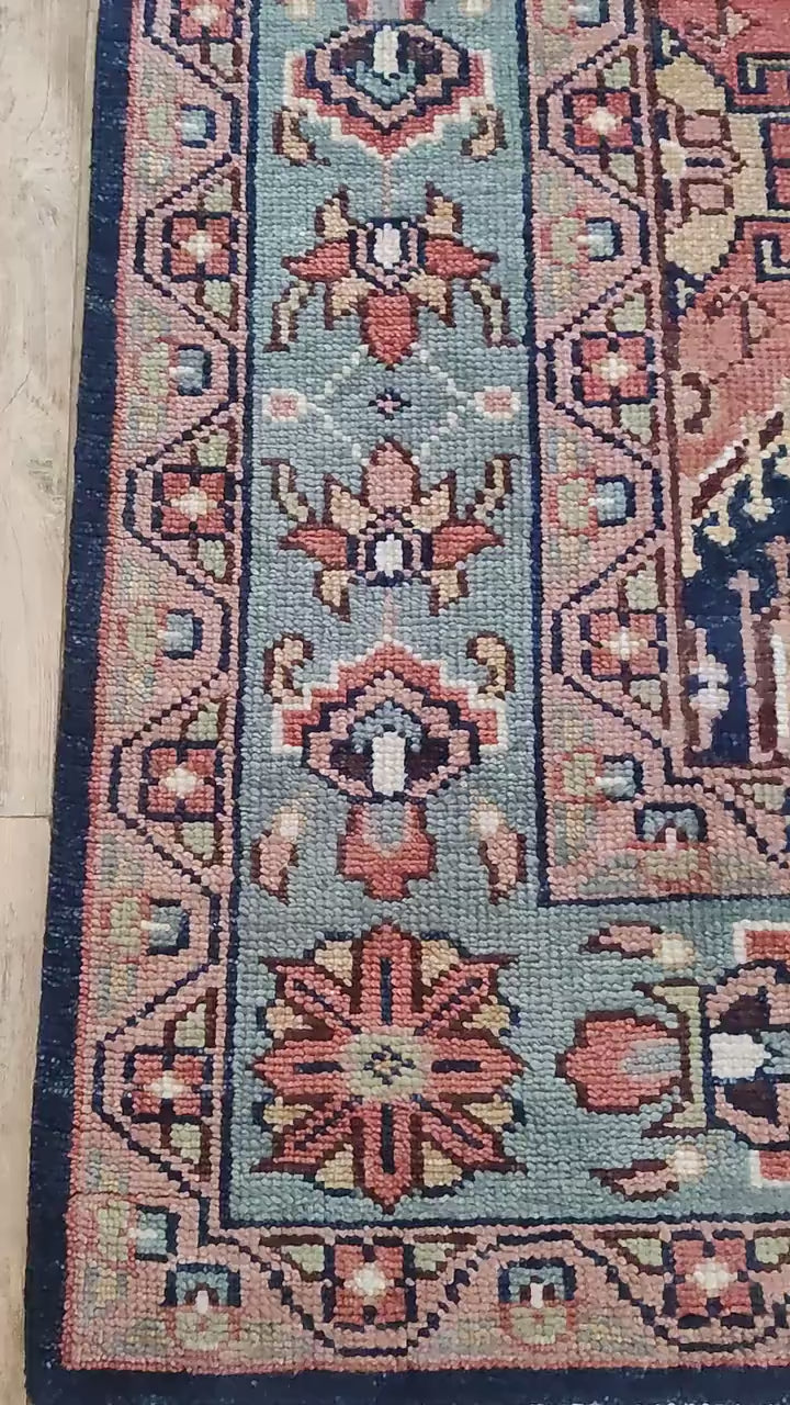 Navy Blue & Coral Diamond Medallion Oushak Rug