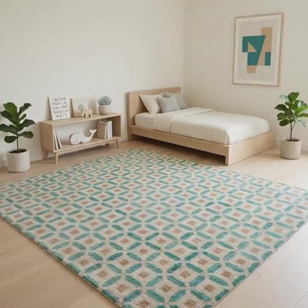 Teal Green & Cream Geometric Lattice Area Rug