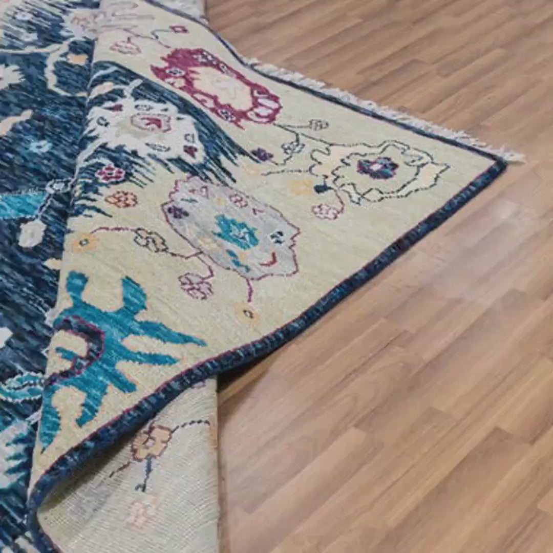 Navy Blue & Ivory Floral Border Oushak Rug