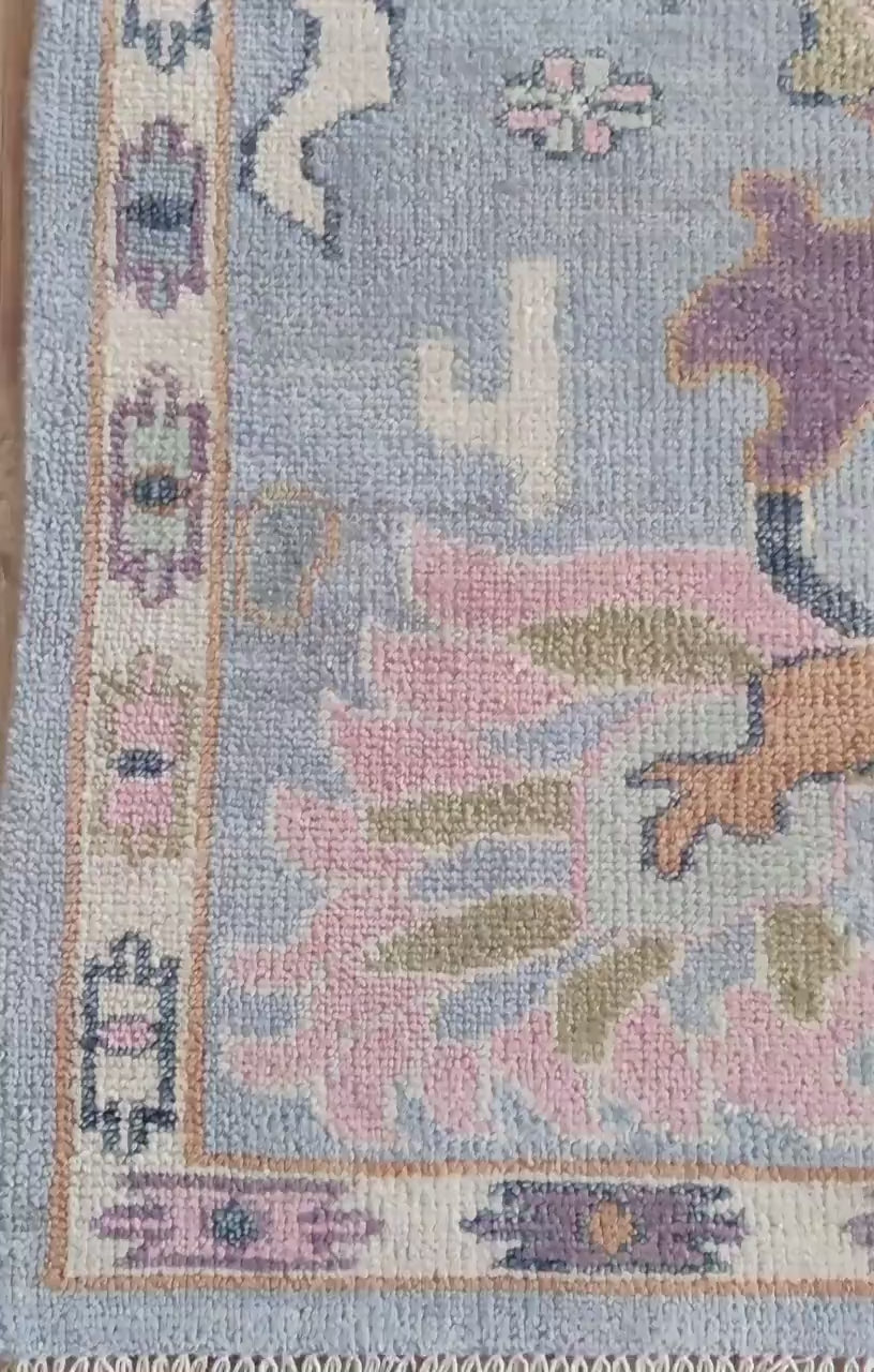 Muted Blue & Pastel Floral Bordered Oushak Rug