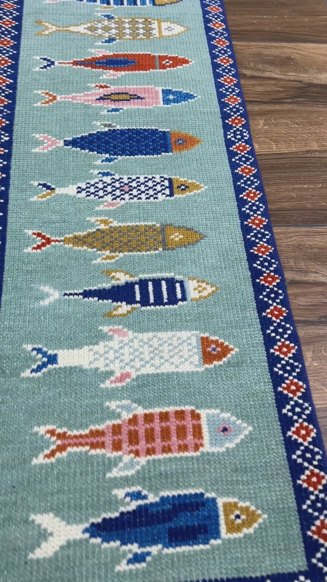 Azure Aquatic Motif Fish Hand-Knotted Wool Runner