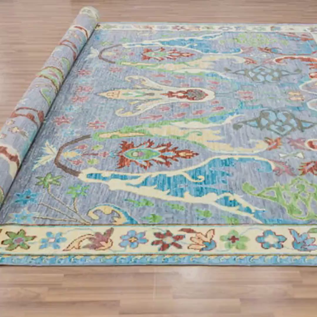 Ocean Blue & Teal Floral Baroque Oushak Rug