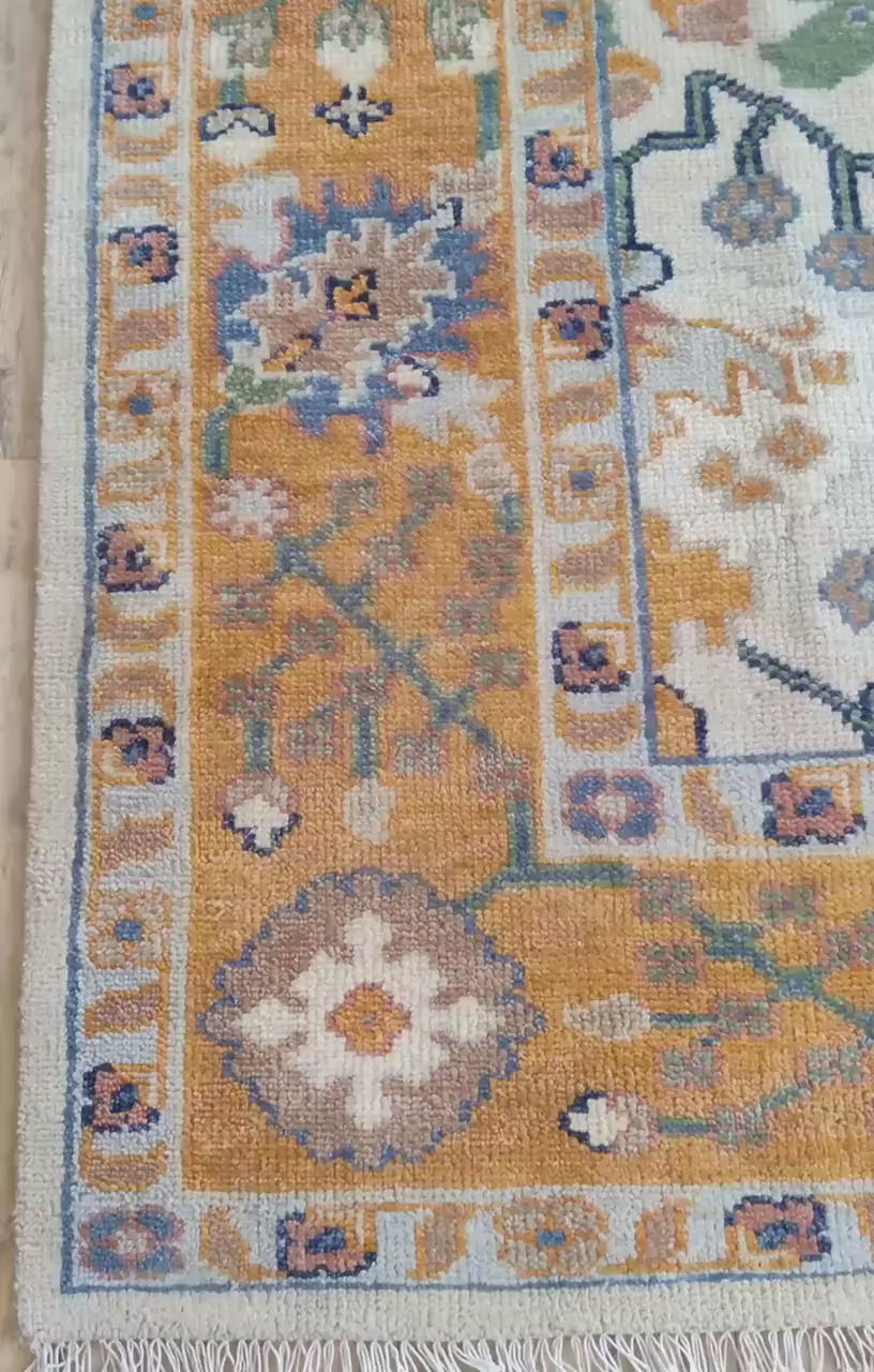 Ivory & Ochre Yellow Gold Bordered Oushak Rug