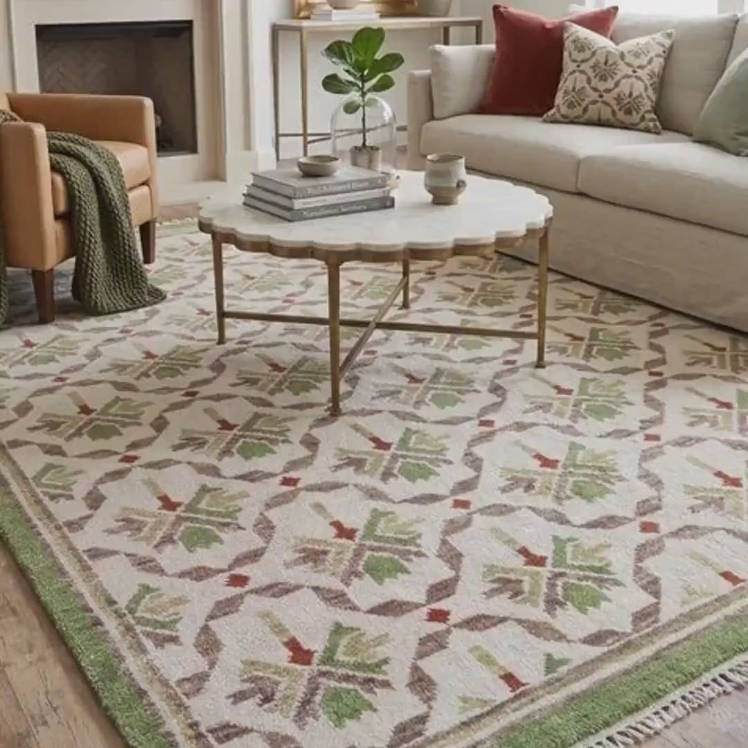 Ivory & Olive Green Geometric Trellis Area Rug