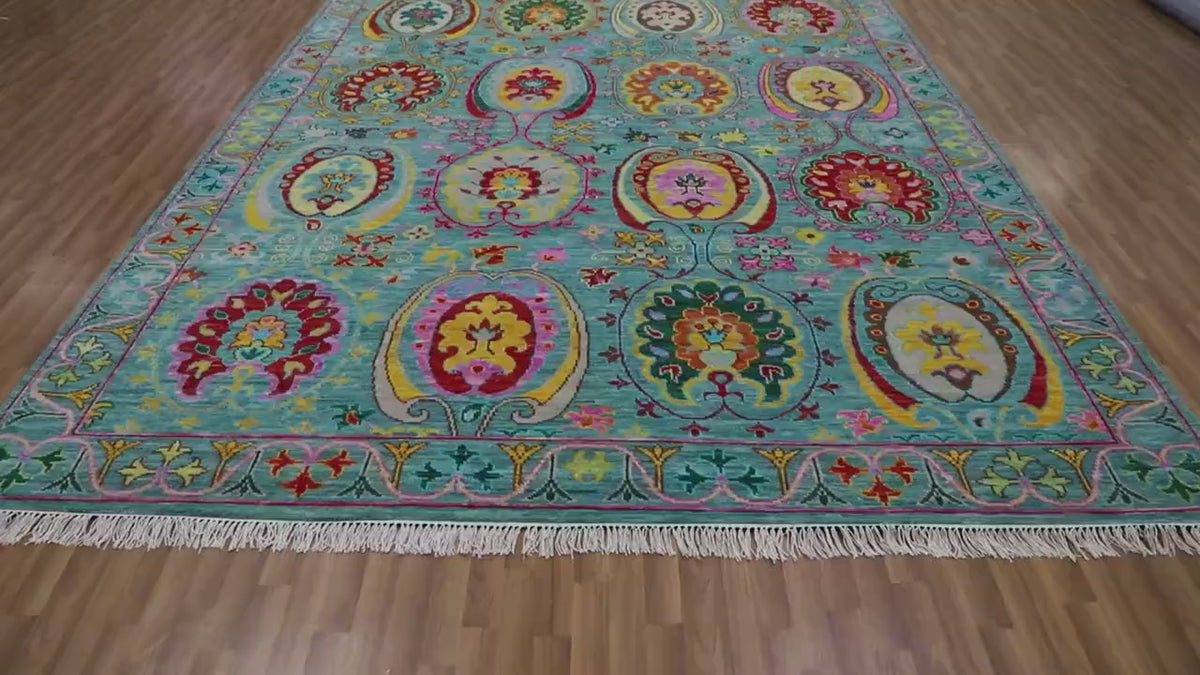 Turquoise Blue & Multi-Color Vibrant Floral Oushak Rug