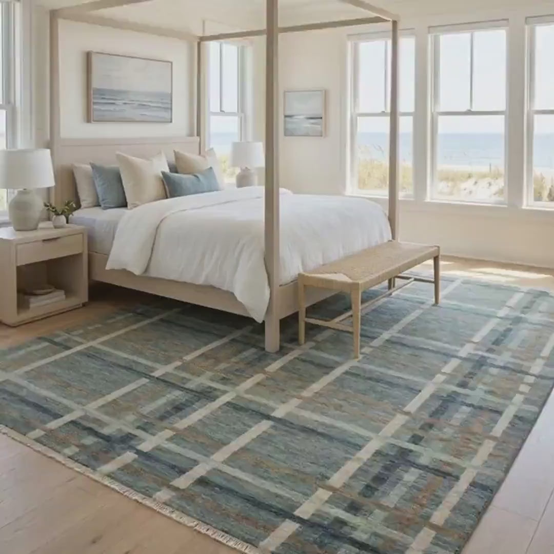 Muted Teal & Tan Plaid Grid Area Rug