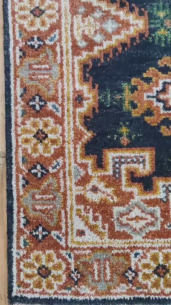 Navy Blue & Terracotta Rust Medallion Stair Runner Rug