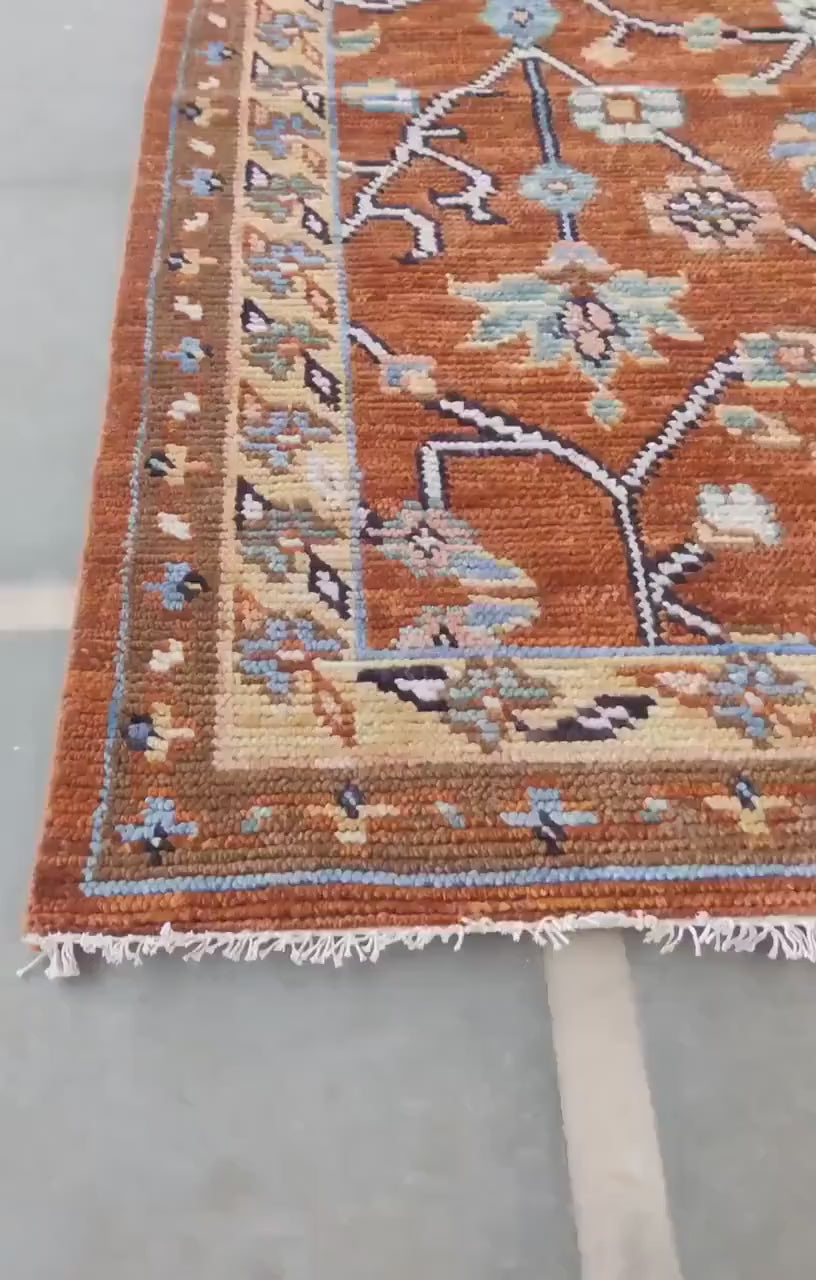 Terracotta & Sky Blue Floral Oushak Rug