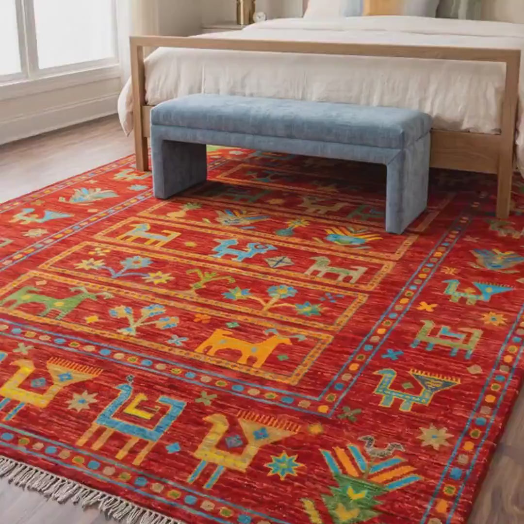 Vibrant Red Tribal Animal Pattern Area Rug