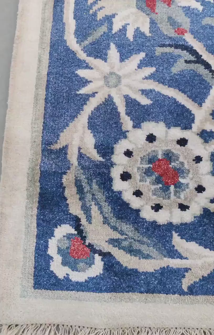 Ivory & Royal Blue Floral Bordered Rug