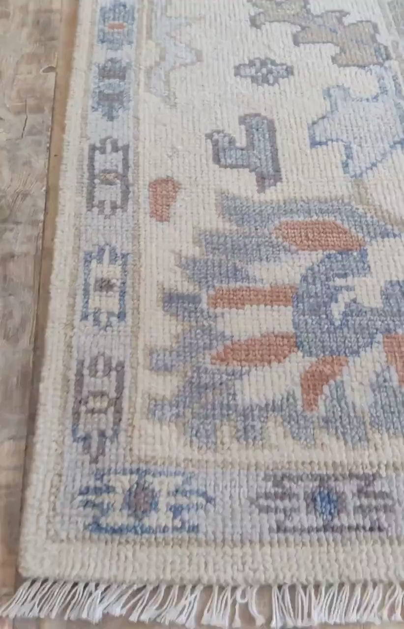 Ivory & Soft Blue Floral Oushak Rug