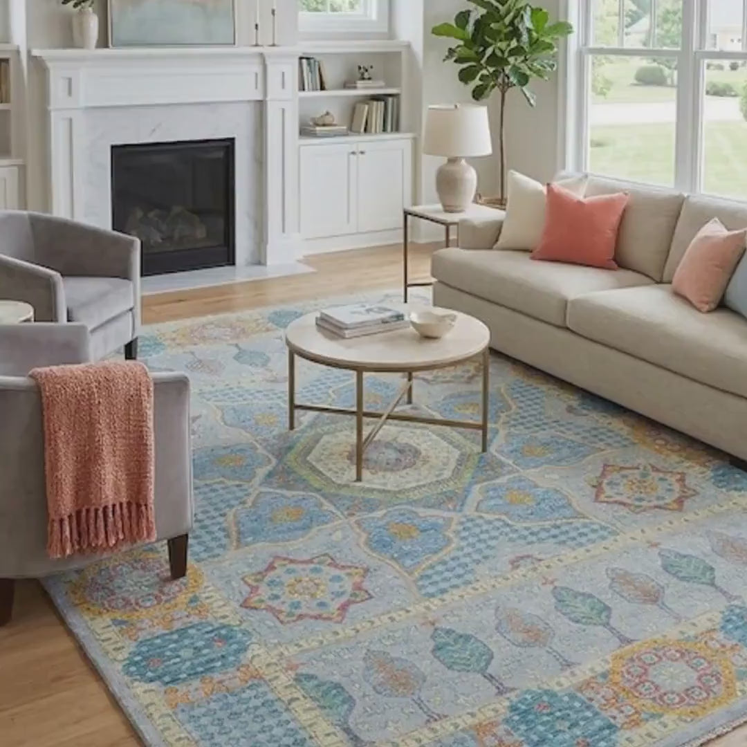 Light Blue & Gold Geometric Medallion Oushak Rug