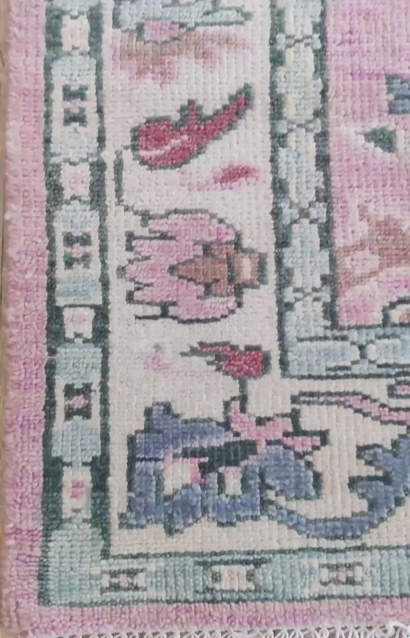 Soft Pink & Sage Green Bordered Oushak Rug
