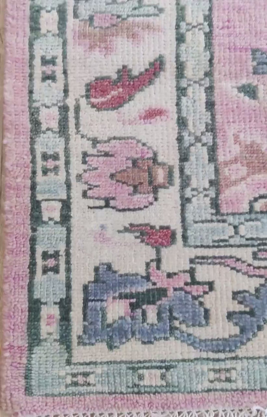 Soft Pink & Sage Green Bordered Oushak Rug