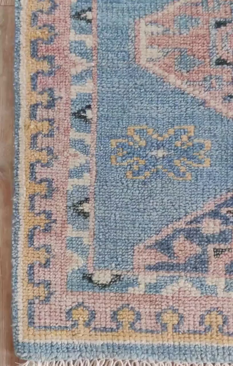 Muted Sky Blue & Pink Diamond Medallion Runner Rug