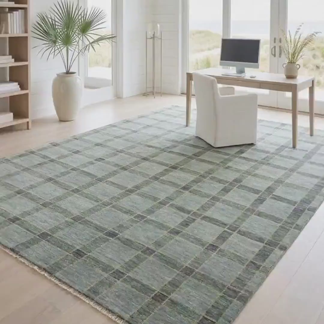 Sage Green Plaid Geometric Grid Area Rug