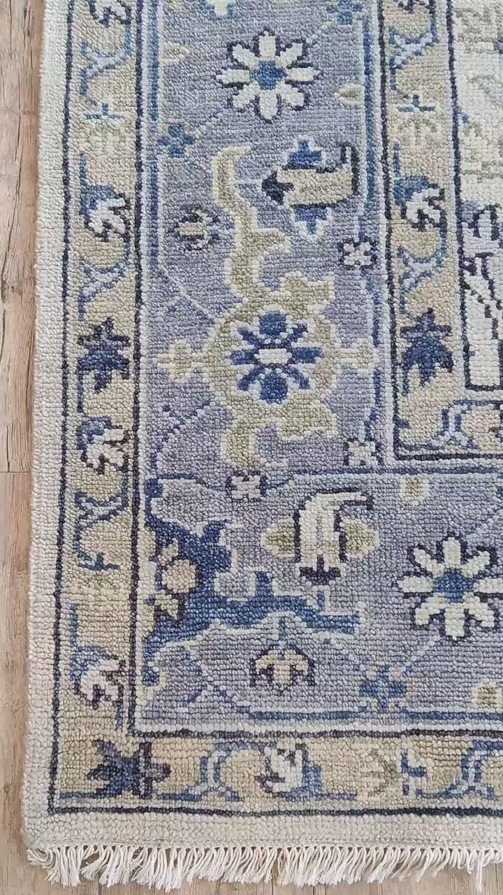 Ivory & Slate Blue Bordered Oushak Rug