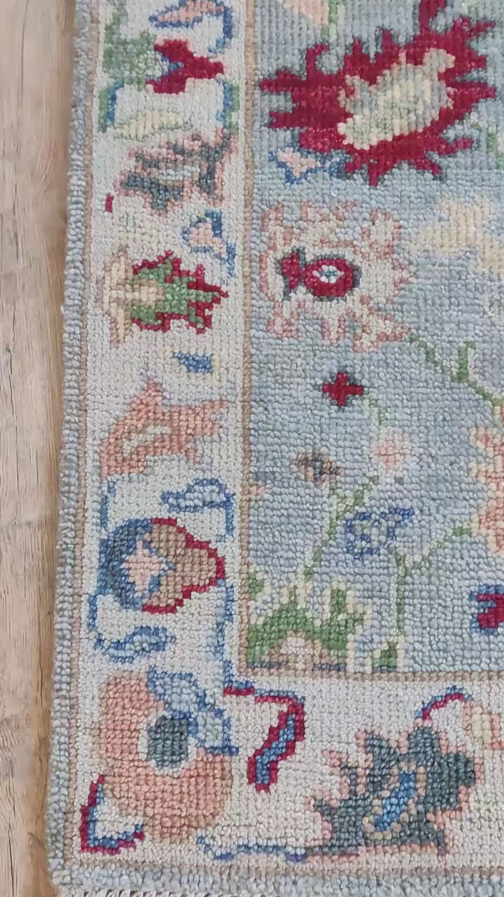 Pastel Light Blue & Red Floral Oushak Stair Runner