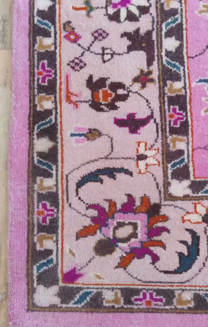 Vibrant Pink & Ivory Floral Oushak Rug