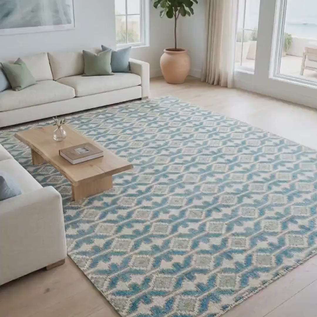 Ocean Blue & Cream Geometric Trellis Area Rug