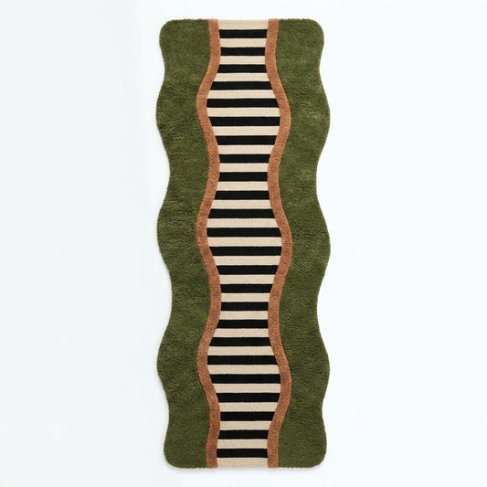 Olive Green Wavy Runner Rug