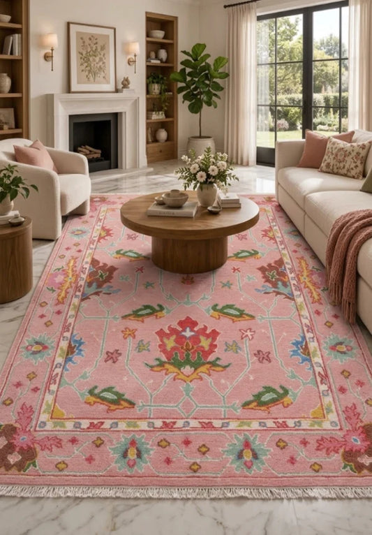 Rose Pink & Olive Green Floral Oushak Rug